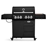 BURNHARD® 4-Brenner Gasgrill Edelstahl inkl. Heckbrenner, mit Gusseisen Grillrost & inkl. stabiler Abdeckhaube, Seitenkochfeld mit Infrarot Keramikbrenner, Schwarz - Big EARL
